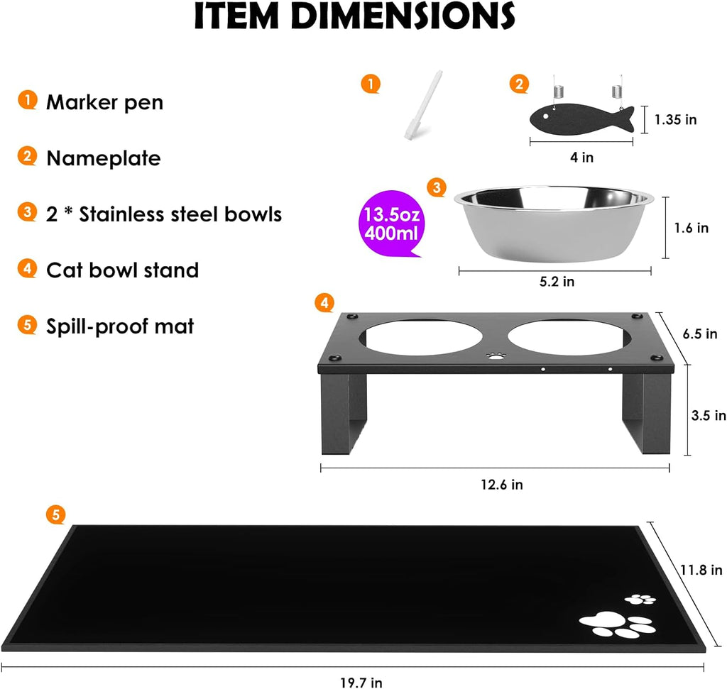 Elevated Cat Bowls with Splash Proof Mat for Kitten Puppy, 10° Tilted Raised Cat Bowl Stand Anti-Vomiting, 2 Wide Shallow Stainless Steel Bowls, Whisker Friendly, 3.5" Tall