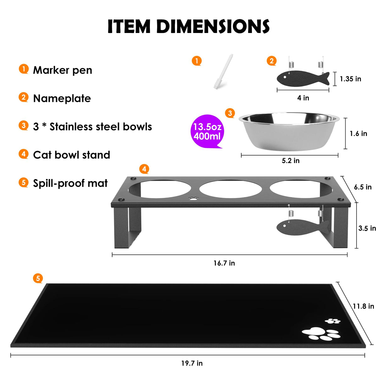 Elevated Cat Bowls with Splash Proof Mat for Kitten Puppy, 10° Tilted Raised Cat Bowl Stand Anti-Vomiting, 2 Wide Shallow Stainless Steel Bowls, Whisker Friendly, 3.5" Tall