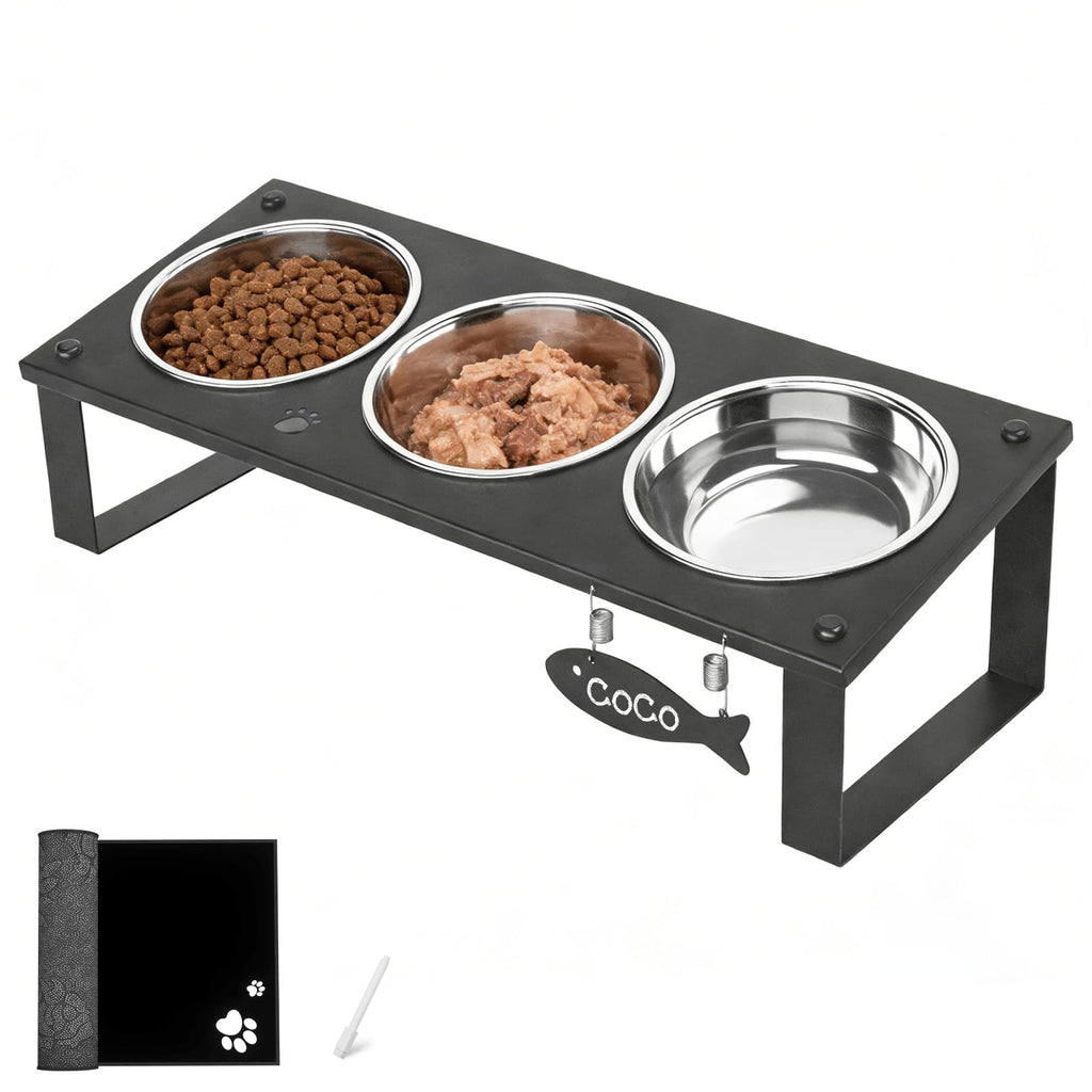 Elevated Cat Bowls with Splash Proof Mat for Kitten Puppy, 10° Tilted Raised Cat Bowl Stand Anti-Vomiting, 2 Wide Shallow Stainless Steel Bowls, Whisker Friendly, 3.5" Tall