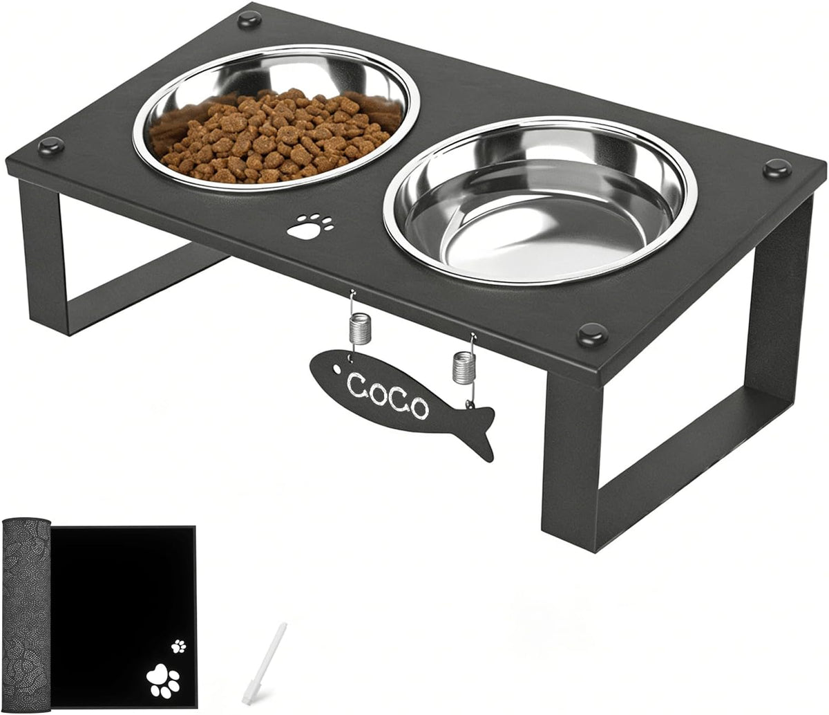 Elevated Cat Bowls with Splash Proof Mat for Kitten Puppy, 10° Tilted Raised Cat Bowl Stand Anti-Vomiting, 2 Wide Shallow Stainless Steel Bowls, Whisker Friendly, 3.5" Tall