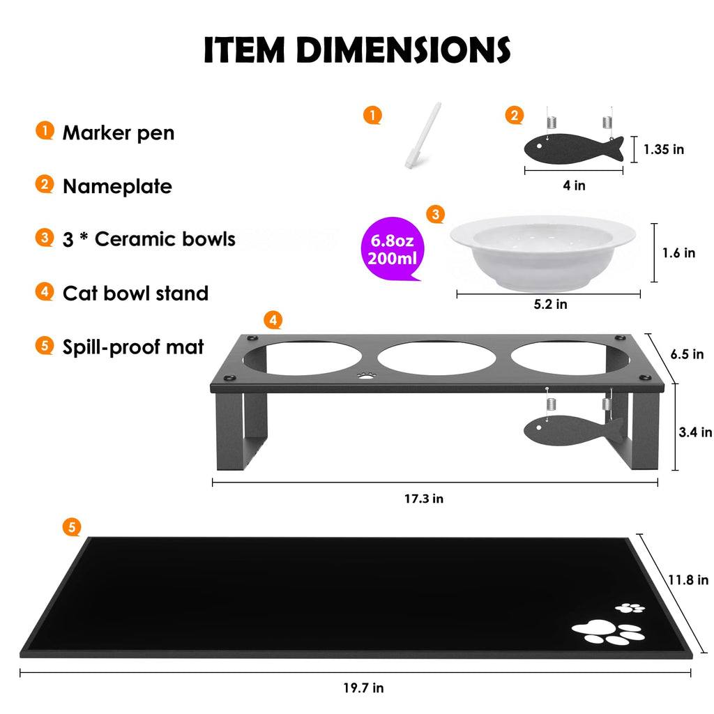 Elevated Cat Bowls with Splash Proof Mat for Kitten Puppy, 10° Tilted Raised Cat Bowl Stand Anti-Vomiting, 2 Wide Shallow Stainless Steel Bowls, Whisker Friendly, 3.5" Tall