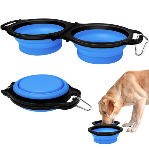 Collapsible Silicone Cat and Dog Travel Bowls,2 in 1 Foldable Pet Feeding and Watering Dish for Walking Camping Hiking with Carabiner (Rose Red)