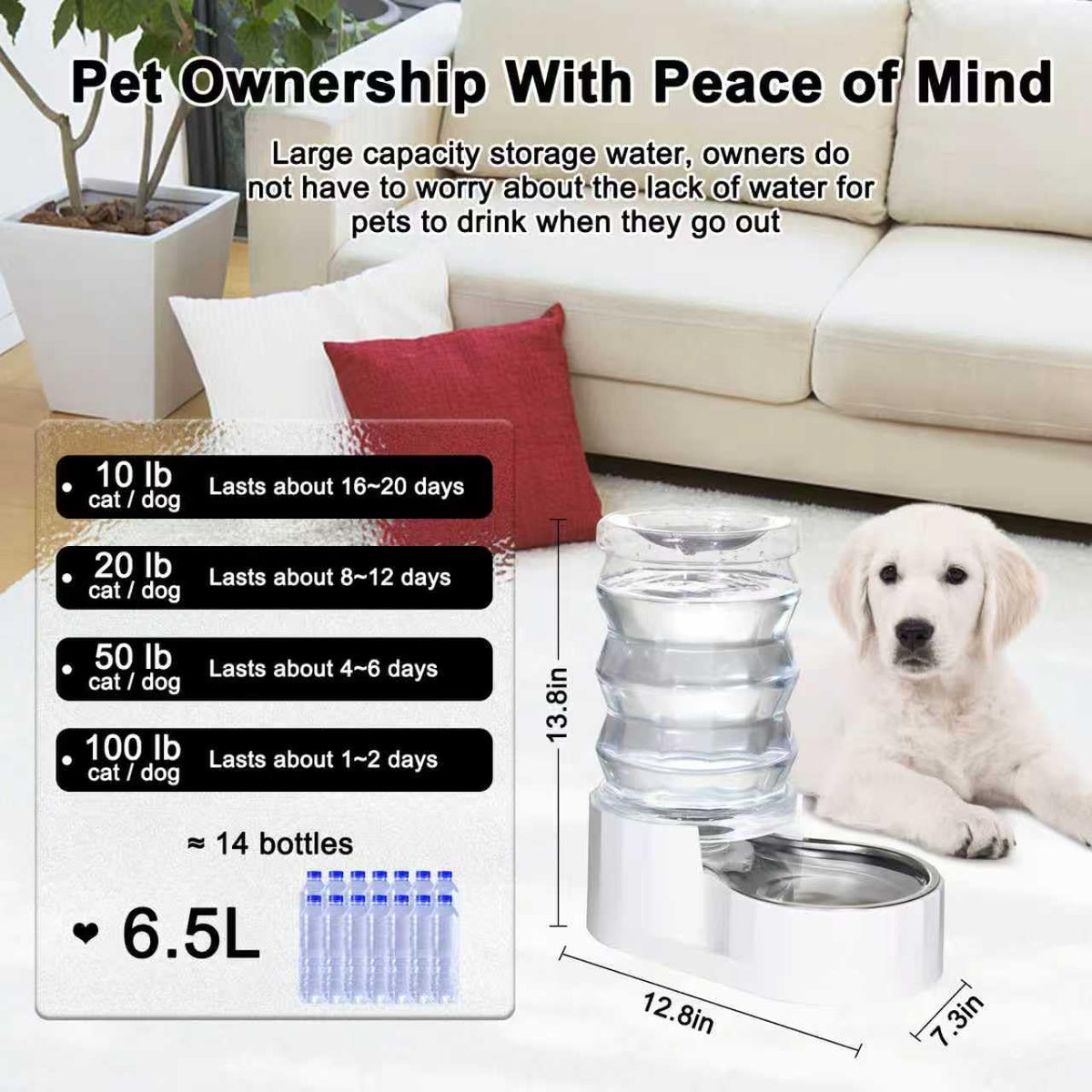 RIZZARI 4L Gravity Cat Water Dispenser:Spill Resistant for Apartments