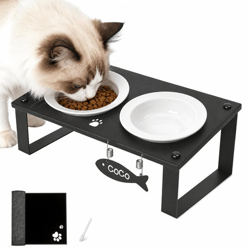 Elevated Cat Bowls with Splash Proof Mat for Kitten Puppy, 10° Tilted Raised Cat Bowl Stand Anti-Vomiting, 2 Wide Shallow Stainless Steel Bowls, Whisker Friendly, 3.5" Tall