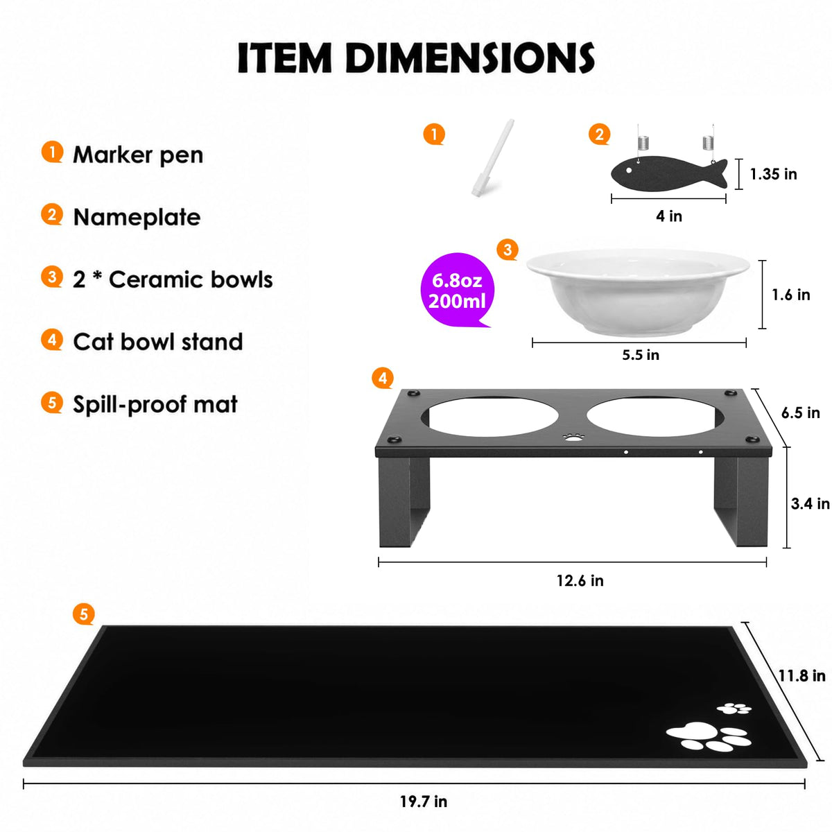 Elevated Cat Bowls with Splash Proof Mat for Kitten Puppy, 10° Tilted Raised Cat Bowl Stand Anti-Vomiting, 2 Wide Shallow Stainless Steel Bowls, Whisker Friendly, 3.5" Tall