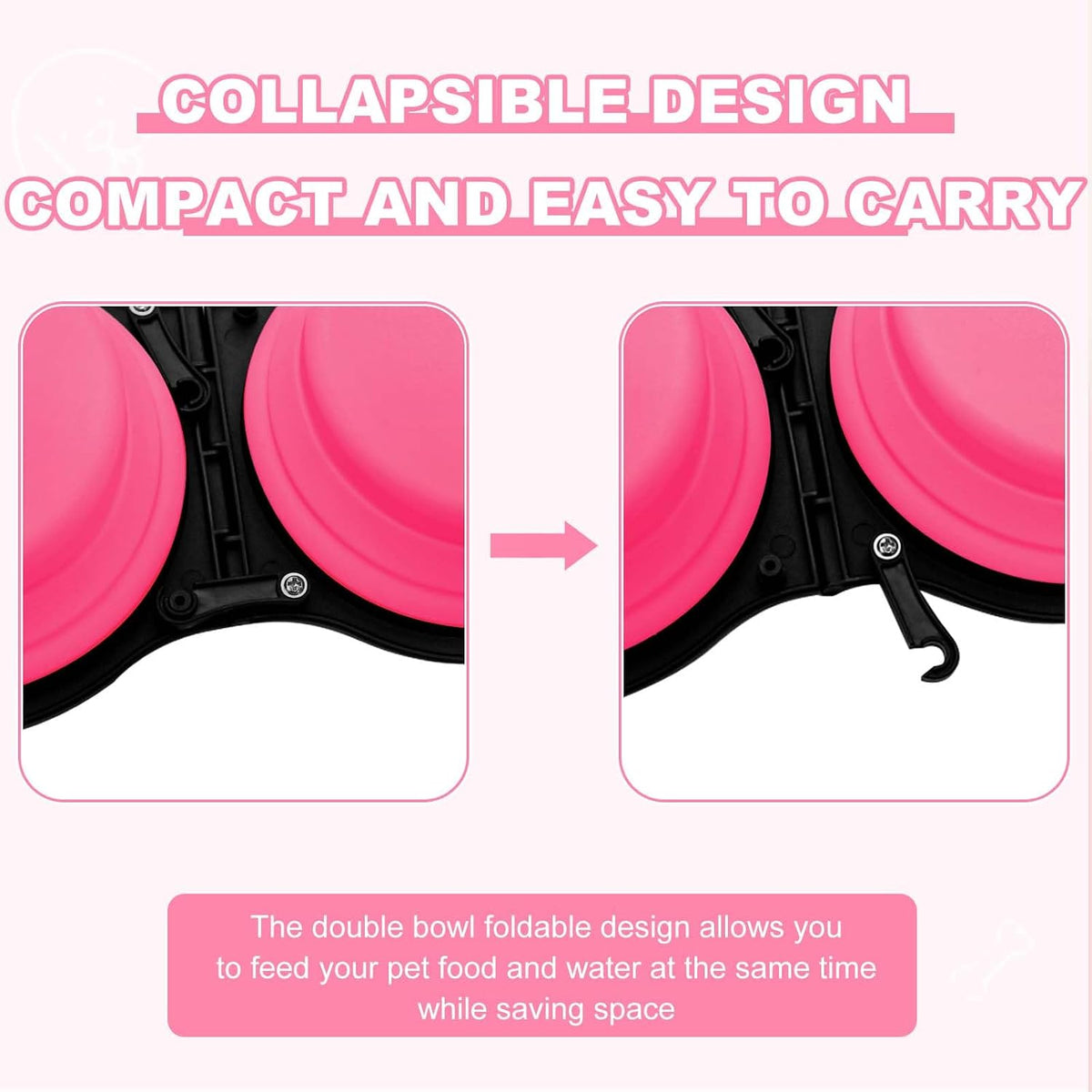 Collapsible Silicone Cat and Dog Travel Bowls,2 in 1 Foldable Pet Feeding and Watering Dish for Walking Camping Hiking with Carabiner (Rose Red)