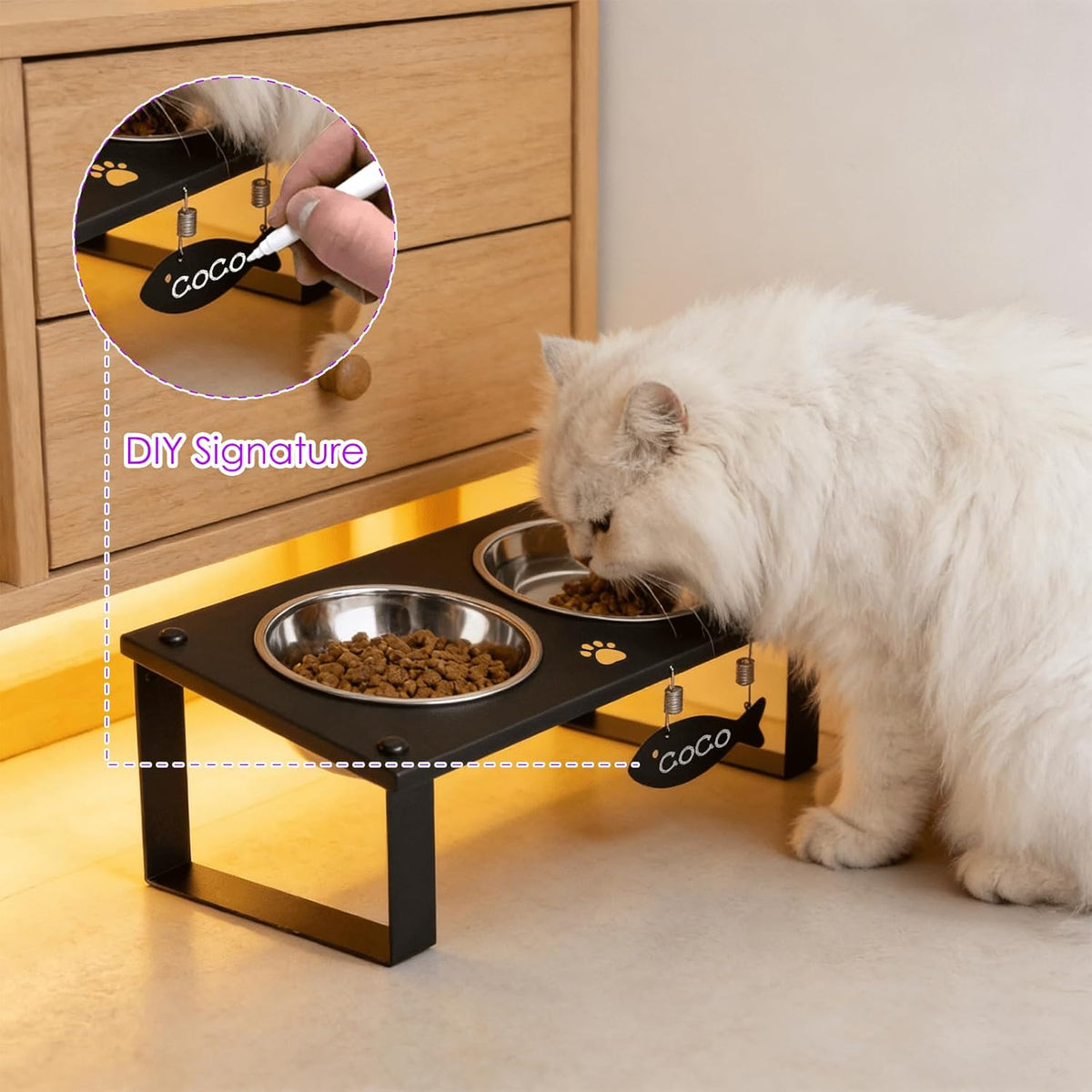 Elevated Cat Bowls with Splash Proof Mat for Kitten Puppy, 10° Tilted Raised Cat Bowl Stand Anti-Vomiting, 2 Wide Shallow Stainless Steel Bowls, Whisker Friendly, 3.5" Tall