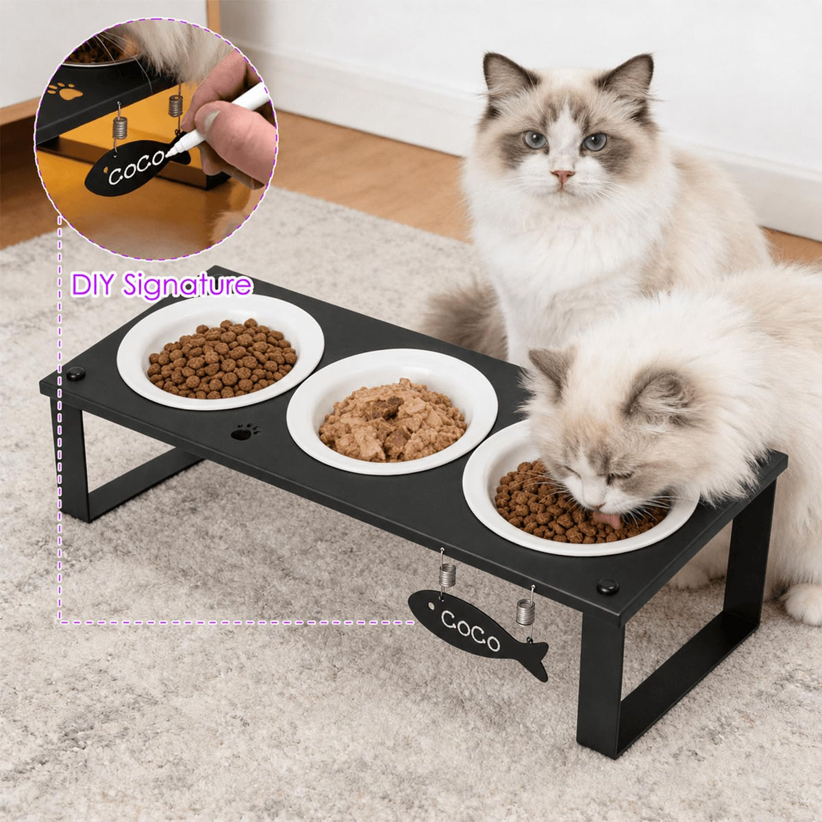 Elevated Cat Bowls with Splash Proof Mat for Kitten Puppy, 10° Tilted Raised Cat Bowl Stand Anti-Vomiting, 2 Wide Shallow Stainless Steel Bowls, Whisker Friendly, 3.5" Tall