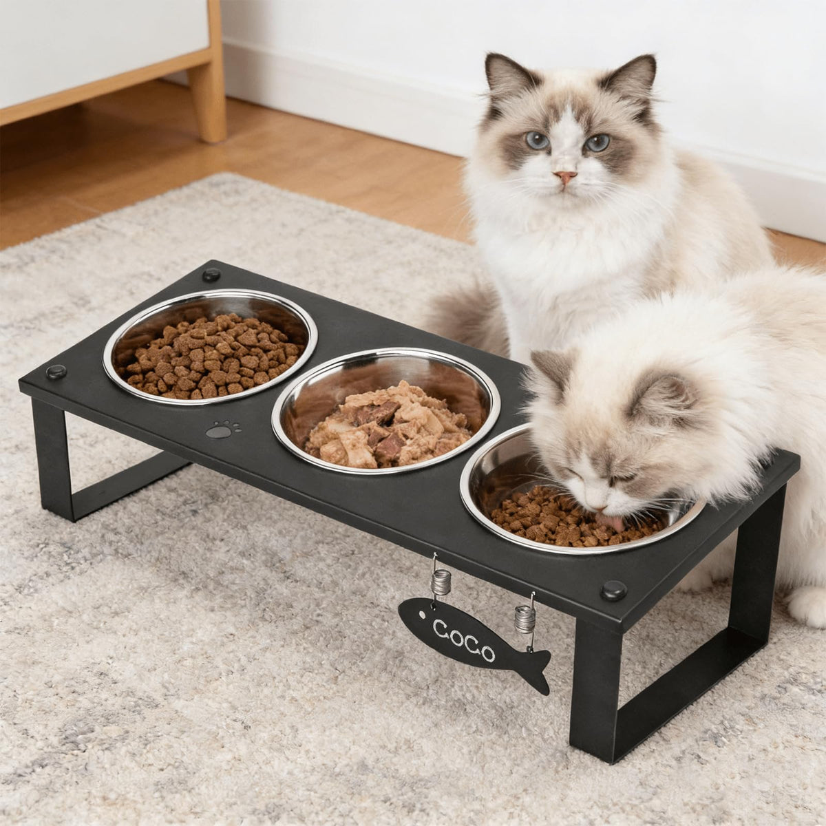Elevated Cat Bowls with Splash Proof Mat for Kitten Puppy, 10° Tilted Raised Cat Bowl Stand Anti-Vomiting, 2 Wide Shallow Stainless Steel Bowls, Whisker Friendly, 3.5" Tall