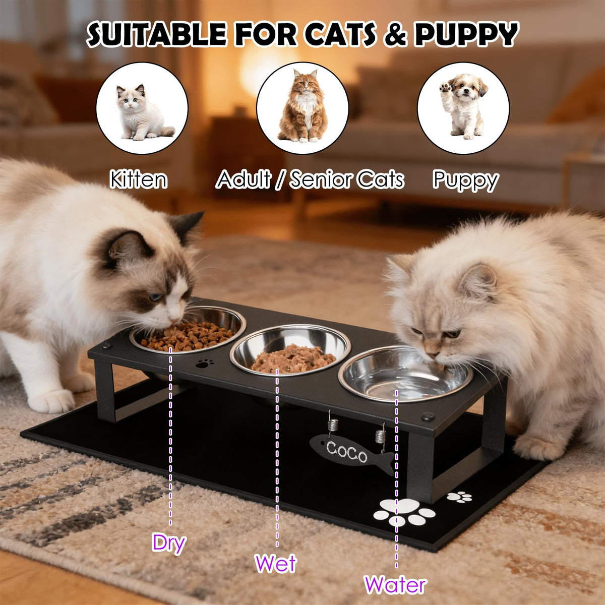 Elevated Cat Bowls with Splash Proof Mat for Kitten Puppy, 10° Tilted Raised Cat Bowl Stand Anti-Vomiting, 2 Wide Shallow Stainless Steel Bowls, Whisker Friendly, 3.5" Tall