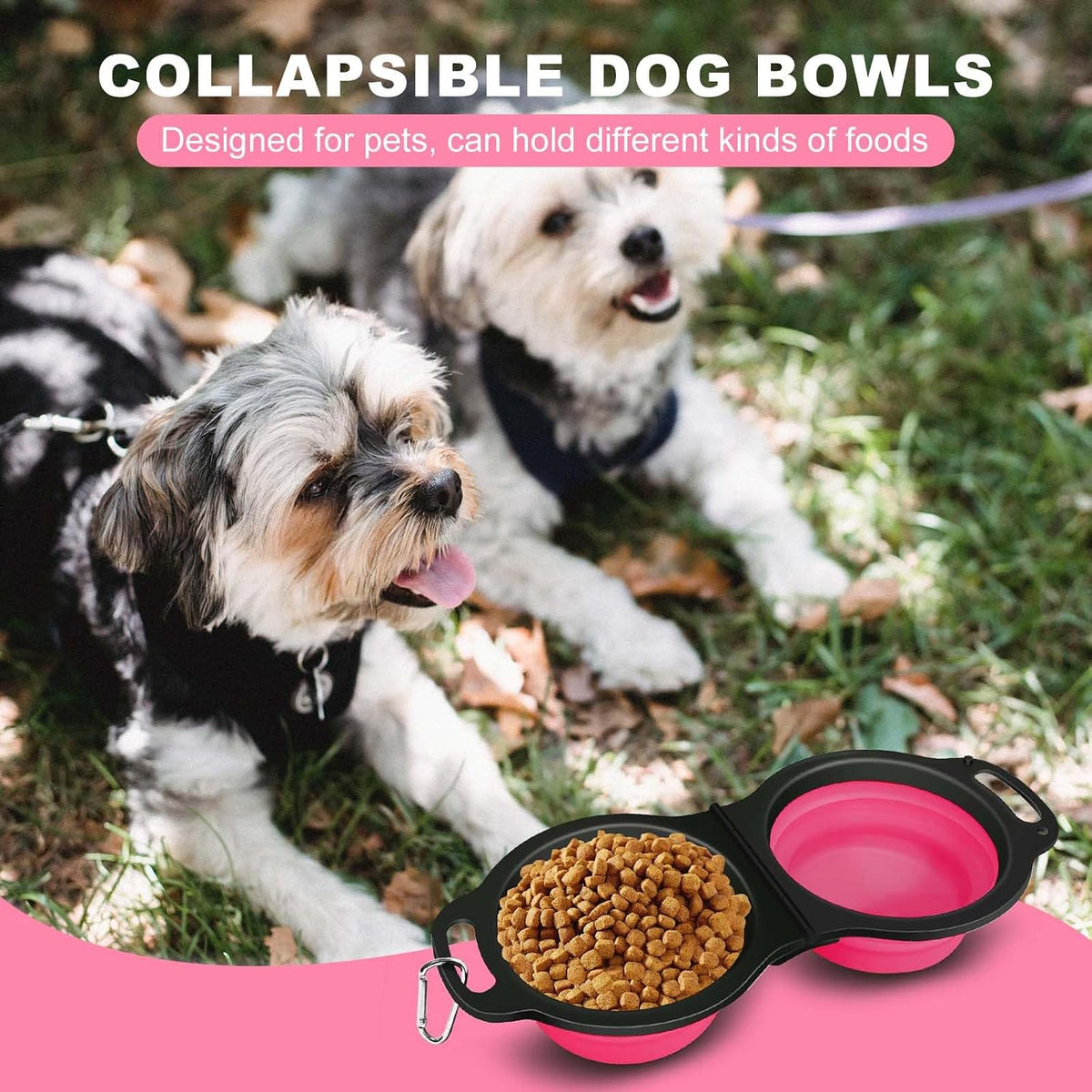 Collapsible Silicone Cat and Dog Travel Bowls,2 in 1 Foldable Pet Feeding and Watering Dish for Walking Camping Hiking with Carabiner (Rose Red)