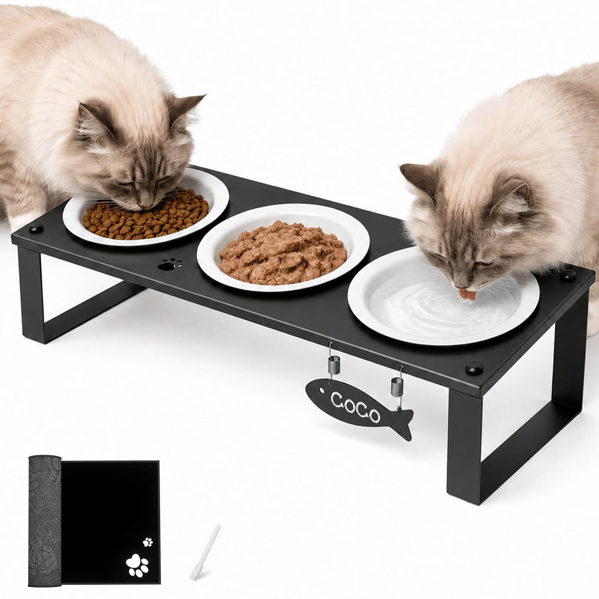 Elevated Cat Bowls with Splash Proof Mat for Kitten Puppy, 10° Tilted Raised Cat Bowl Stand Anti-Vomiting, 2 Wide Shallow Stainless Steel Bowls, Whisker Friendly, 3.5" Tall