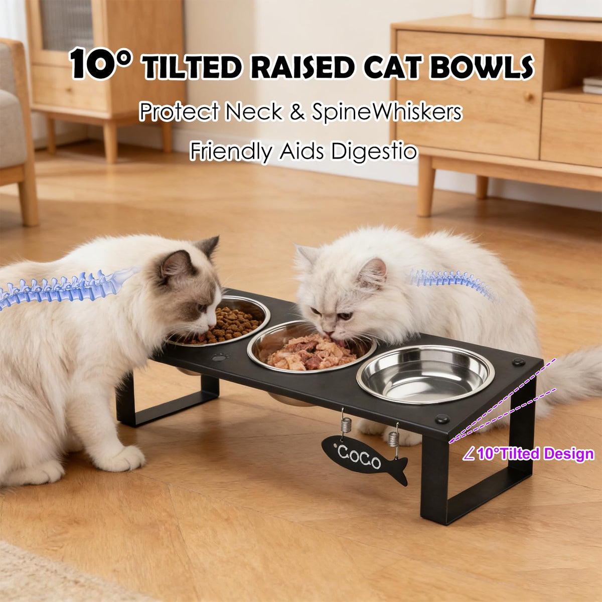 Elevated Cat Bowls with Splash Proof Mat for Kitten Puppy, 10° Tilted Raised Cat Bowl Stand Anti-Vomiting, 2 Wide Shallow Stainless Steel Bowls, Whisker Friendly, 3.5" Tall