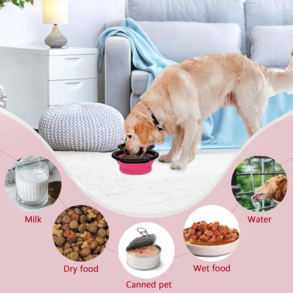 Collapsible Silicone Cat and Dog Travel Bowls,2 in 1 Foldable Pet Feeding and Watering Dish for Walking Camping Hiking with Carabiner (Rose Red)