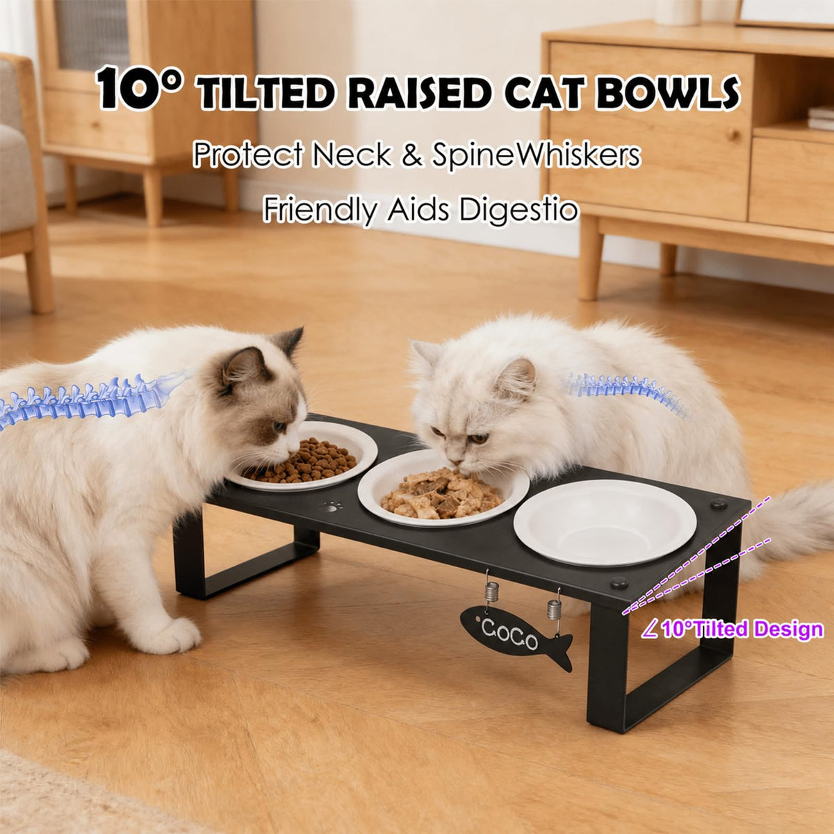 Elevated Cat Bowls with Splash Proof Mat for Kitten Puppy, 10° Tilted Raised Cat Bowl Stand Anti-Vomiting, 2 Wide Shallow Stainless Steel Bowls, Whisker Friendly, 3.5" Tall