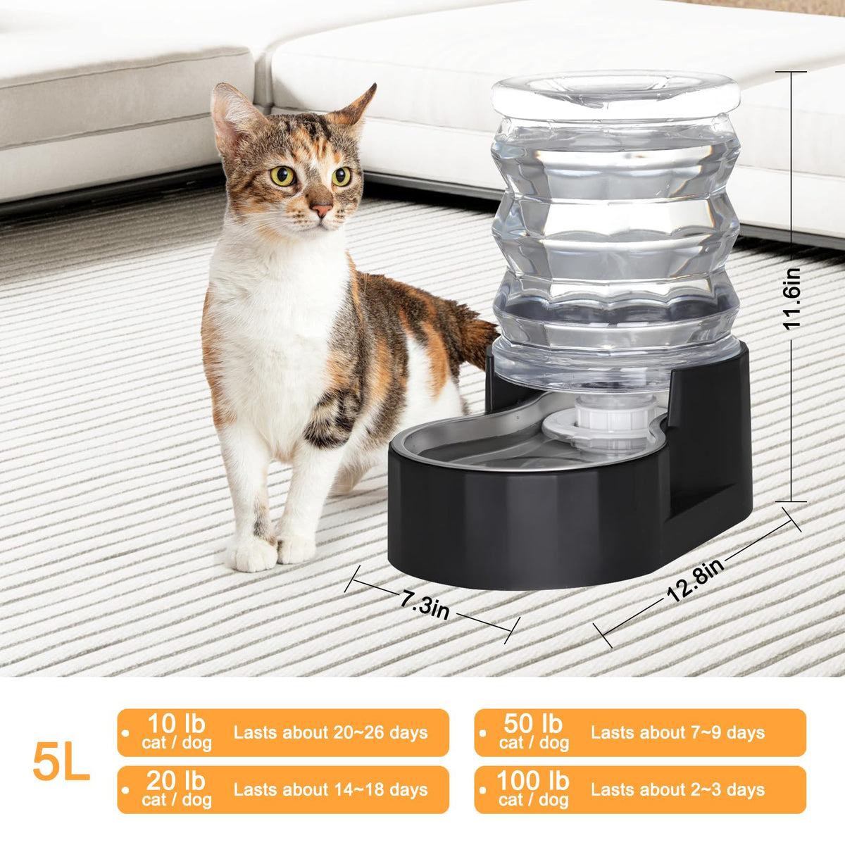 RIZZARI 4L Gravity Cat Water Dispenser:Spill Resistant for Apartments