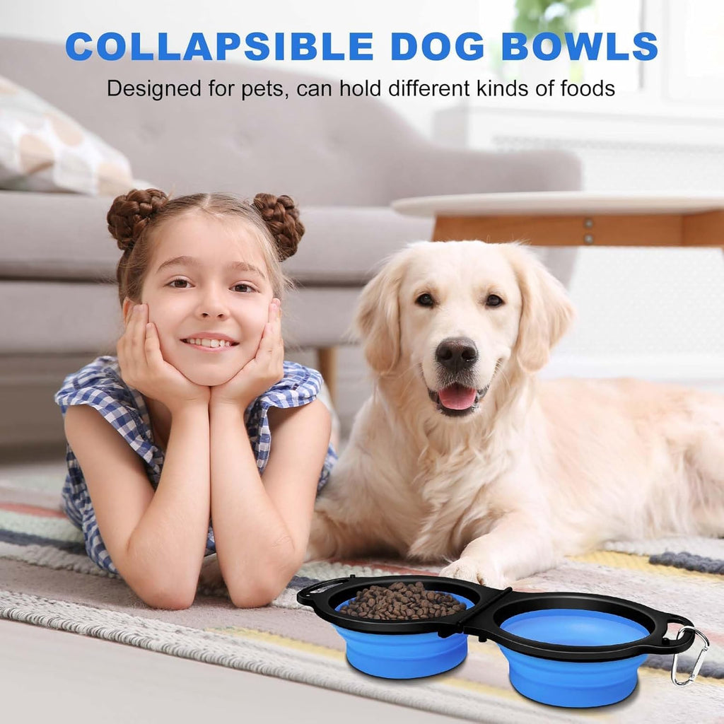Collapsible Silicone Cat and Dog Travel Bowls,2 in 1 Foldable Pet Feeding and Watering Dish for Walking Camping Hiking with Carabiner (Rose Red)