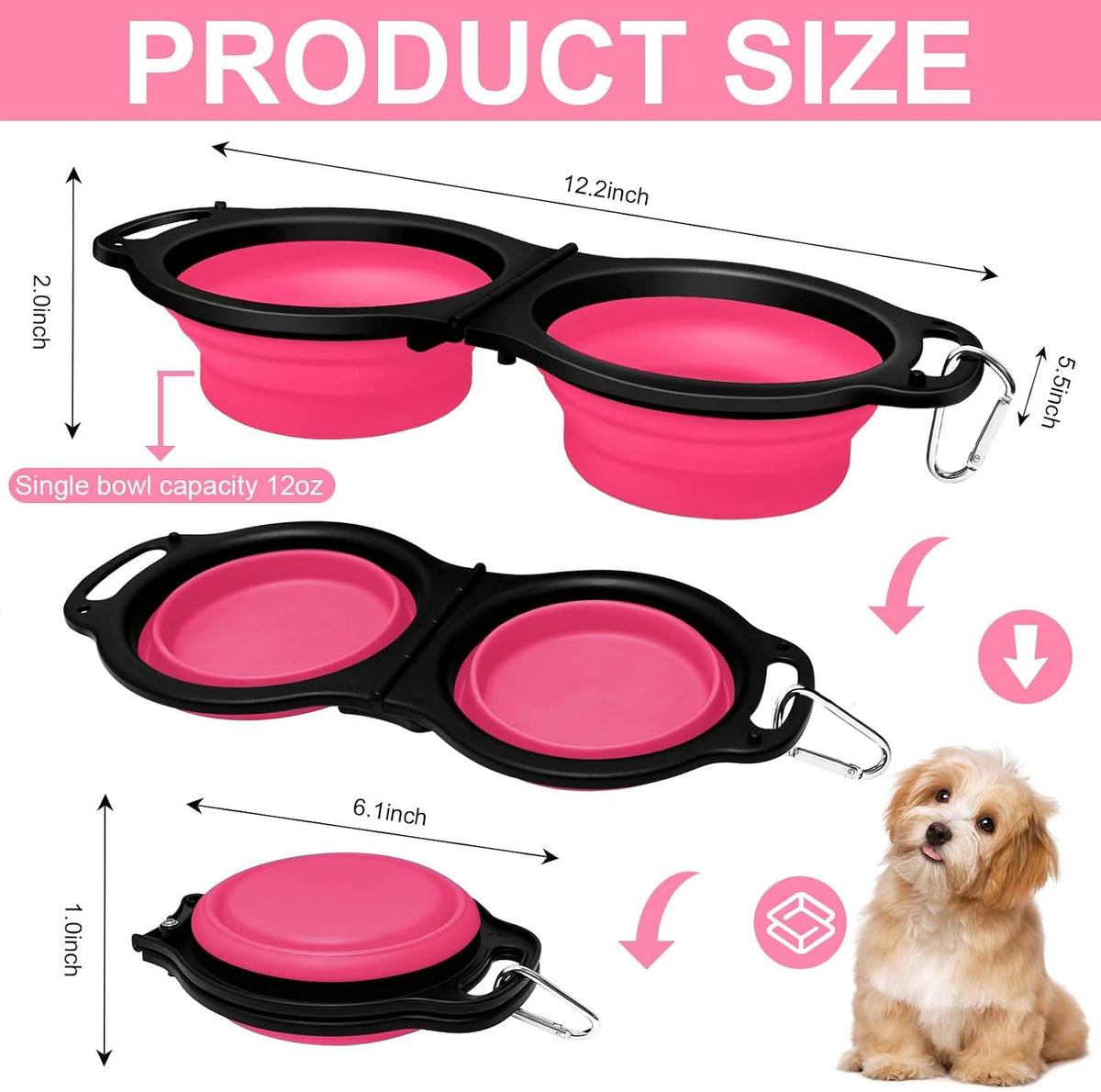 Collapsible Silicone Cat and Dog Travel Bowls,2 in 1 Foldable Pet Feeding and Watering Dish for Walking Camping Hiking with Carabiner (Rose Red)