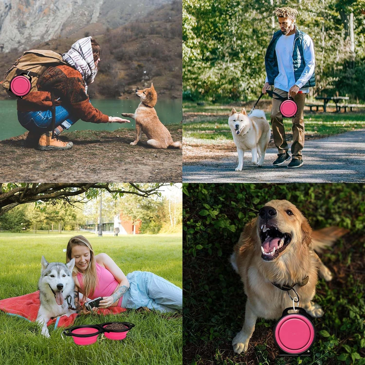 Collapsible Silicone Cat and Dog Travel Bowls,2 in 1 Foldable Pet Feeding and Watering Dish for Walking Camping Hiking with Carabiner (Rose Red)